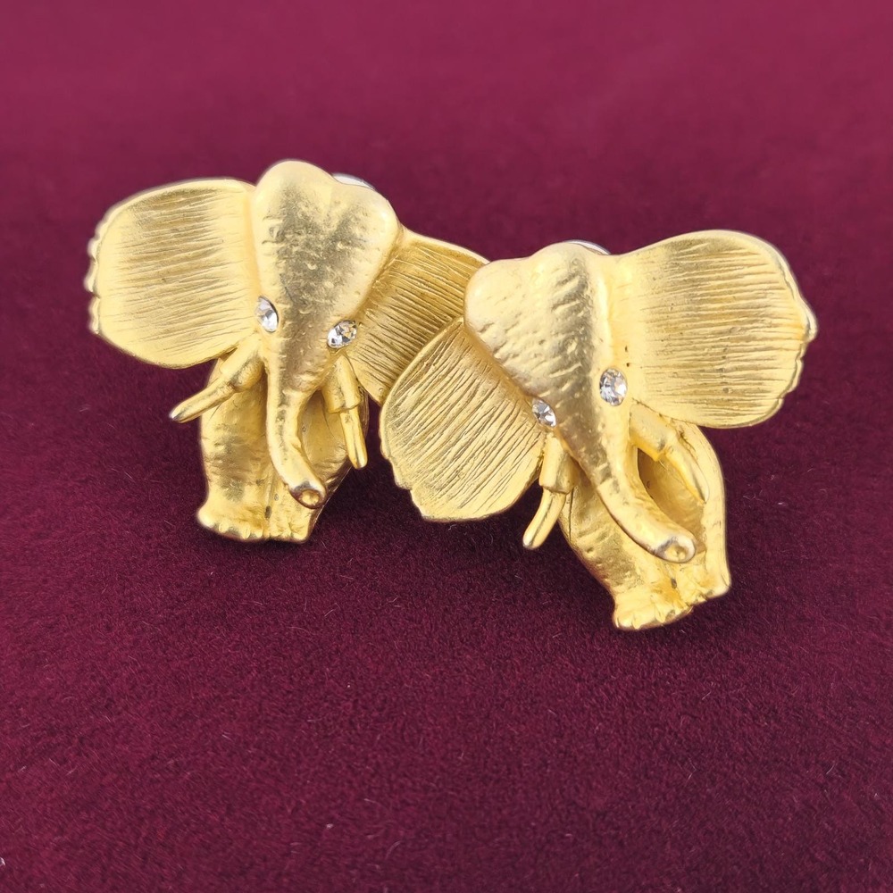 Elephant Earrings Vintage Brushed Gold Tone Rhinestone Clip Ons By Norma Jean NJ